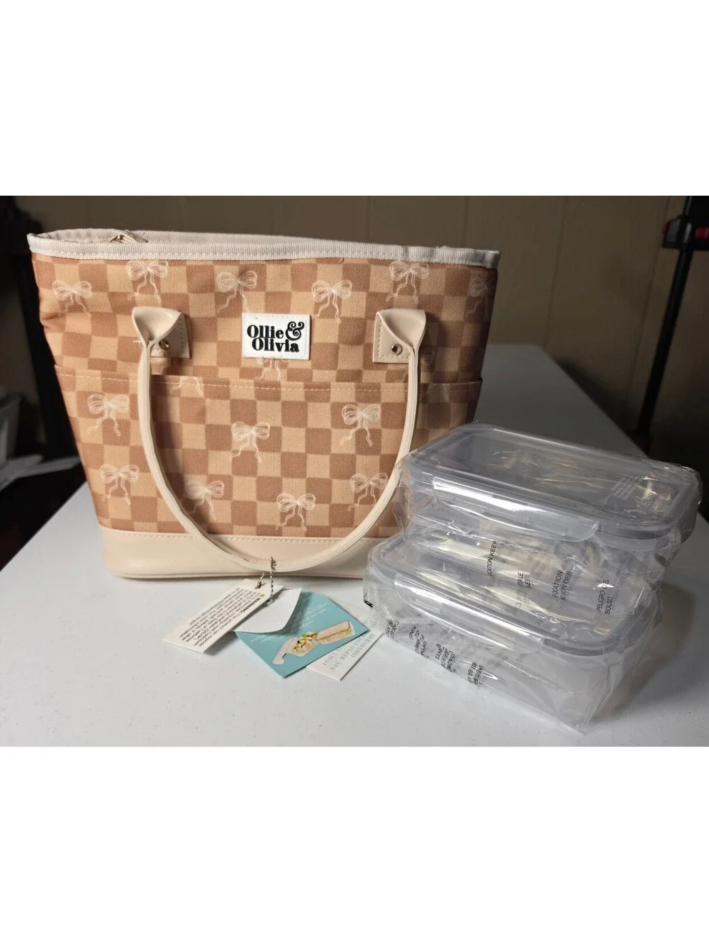 Ollie & Olivia Beige Checkered Tote Bag with Bow Print and Cream Handles
